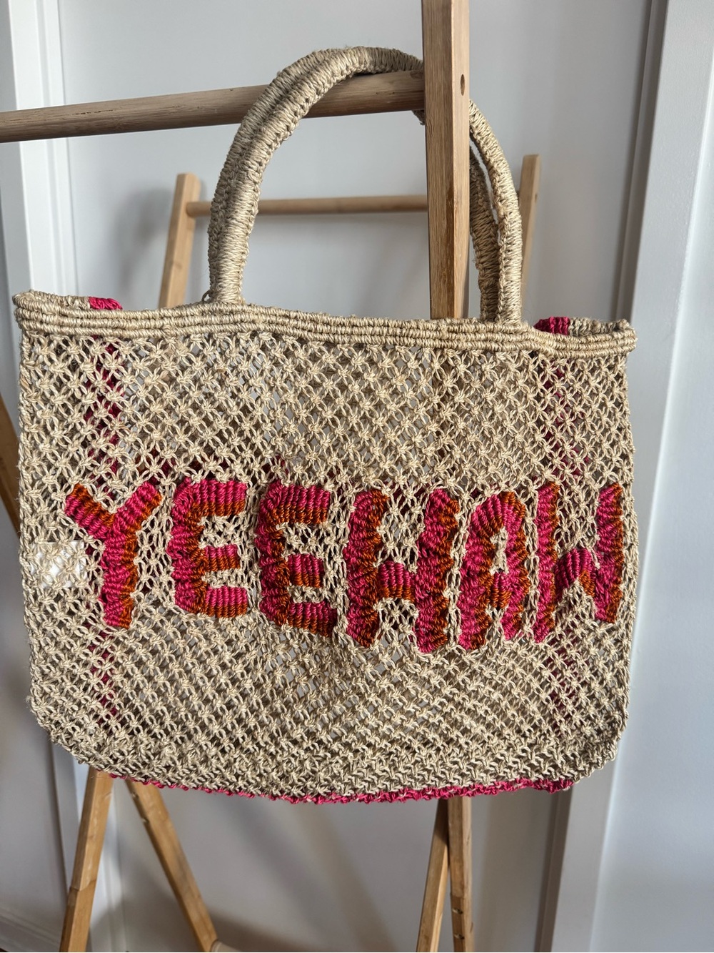 The Jacksons Boutique of London - Handwoven Juke Beach Tote with Pink 'YEEHAW'